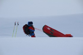 Cecilie struggling with a big sastrugi.